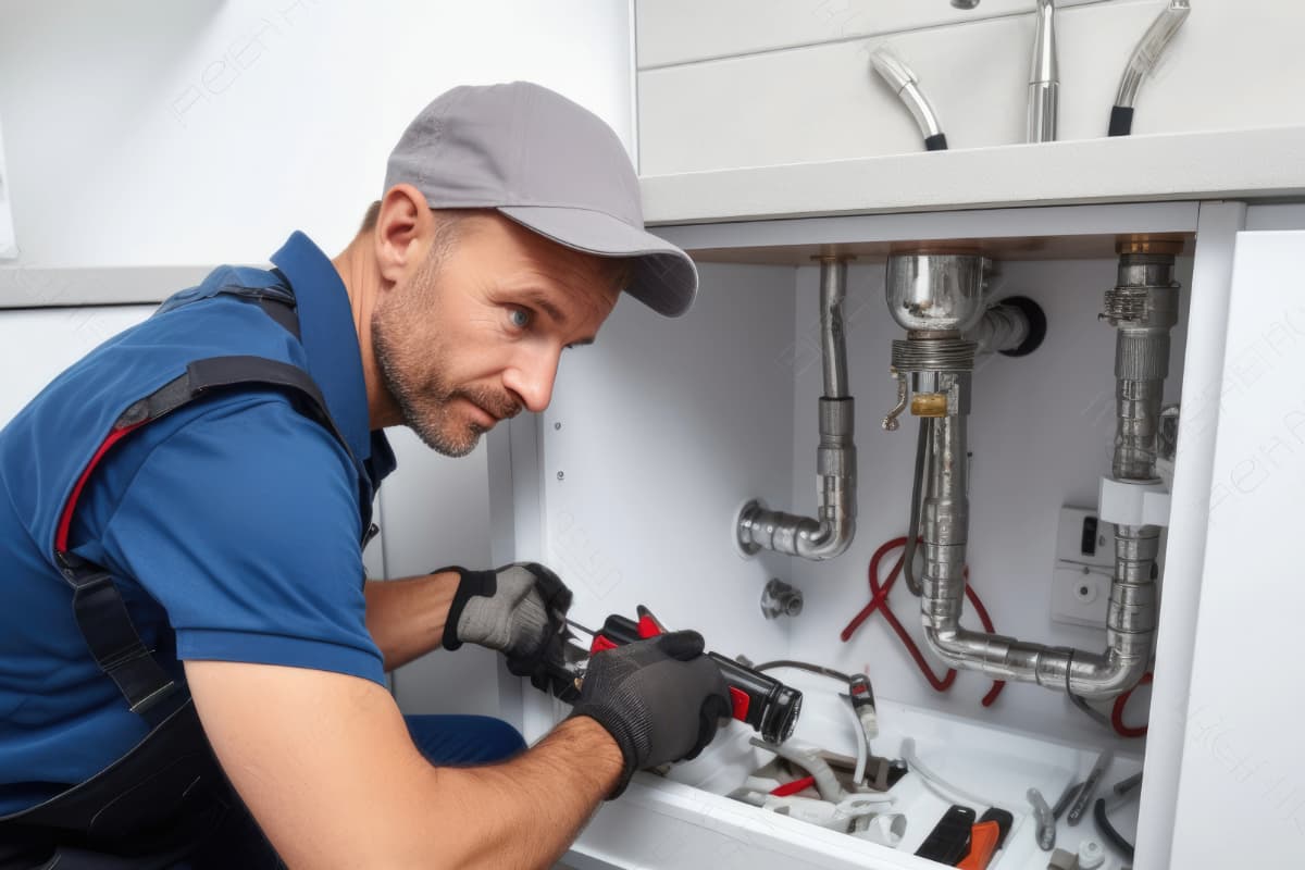 close-up of pipes checking Household plumbing inspection: close-up of pipes being checked by a plumber.